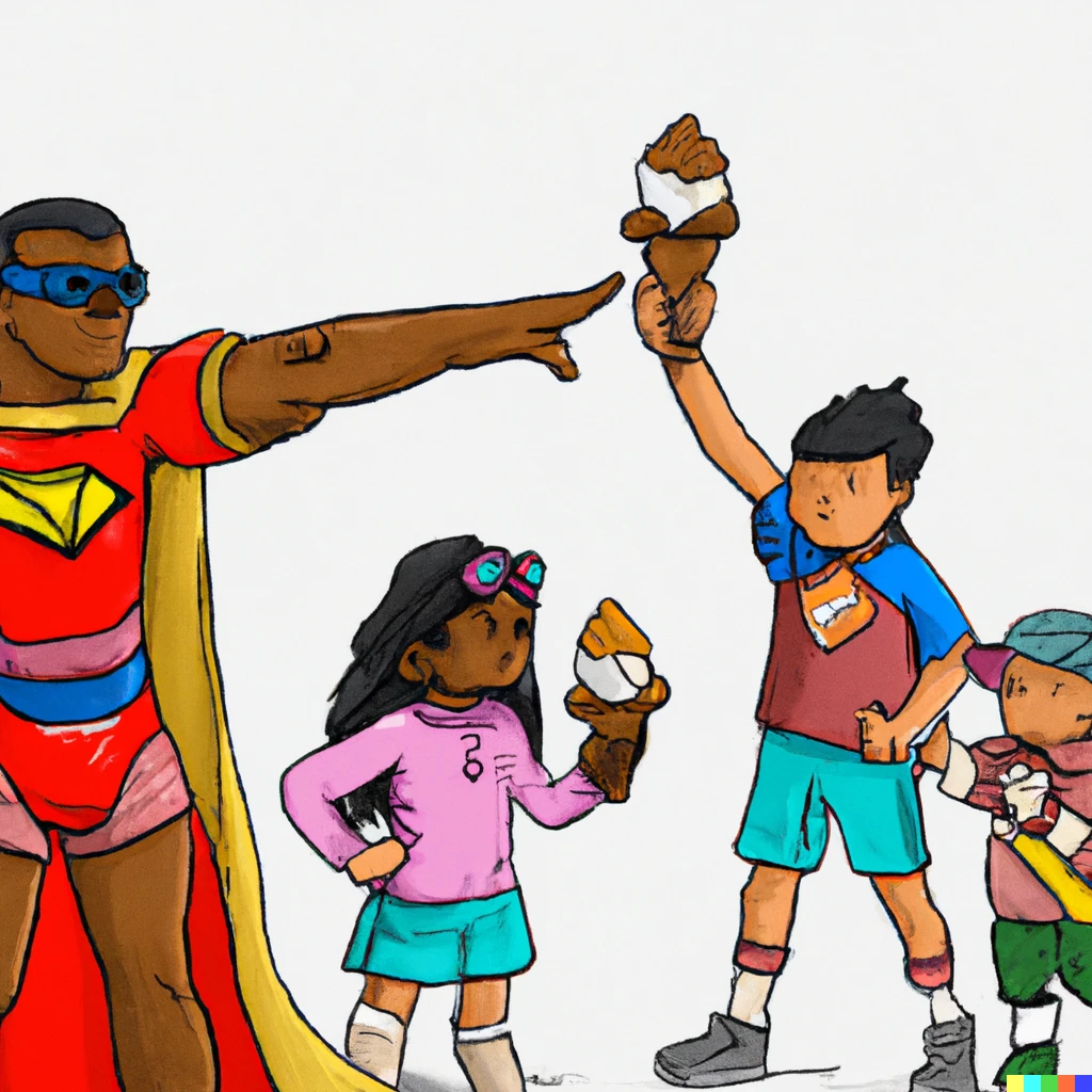 Prompt: A Tongan Superhero giving ice-cream cones to a line of impatient kids. Realistic digital art