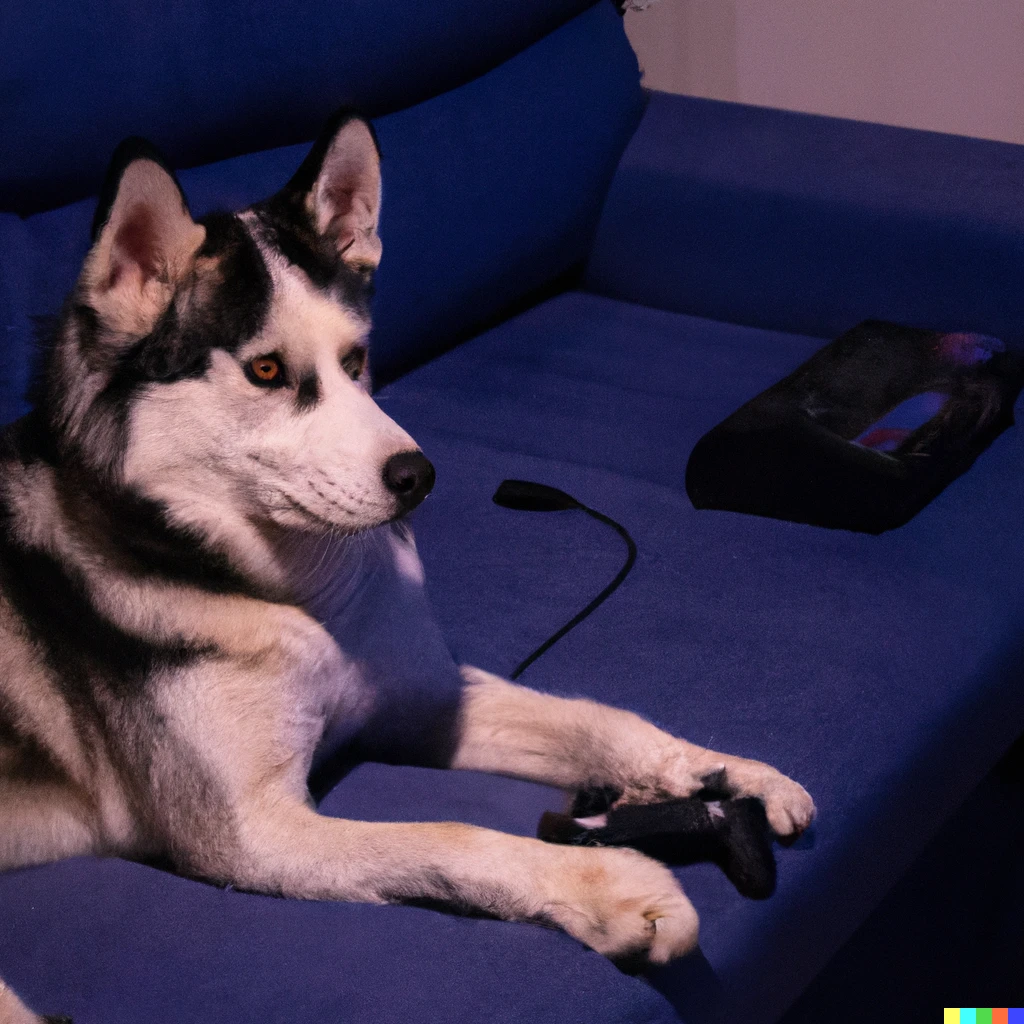 Prompt: Perro husky siberiano jugando con mando de play station viendo la televisión con fortnite 