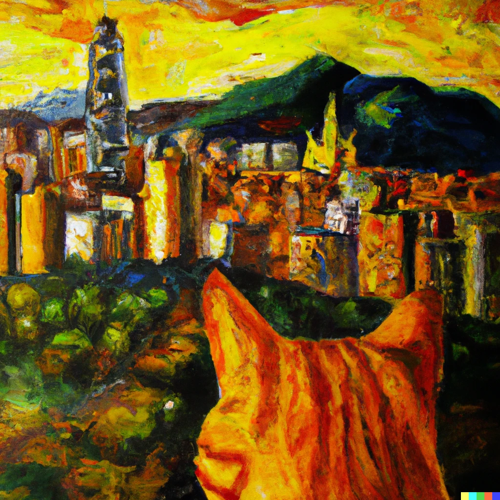 Prompt: An oil portrait of an orange cat looking at Caracas city with the Sagrada Familia 
