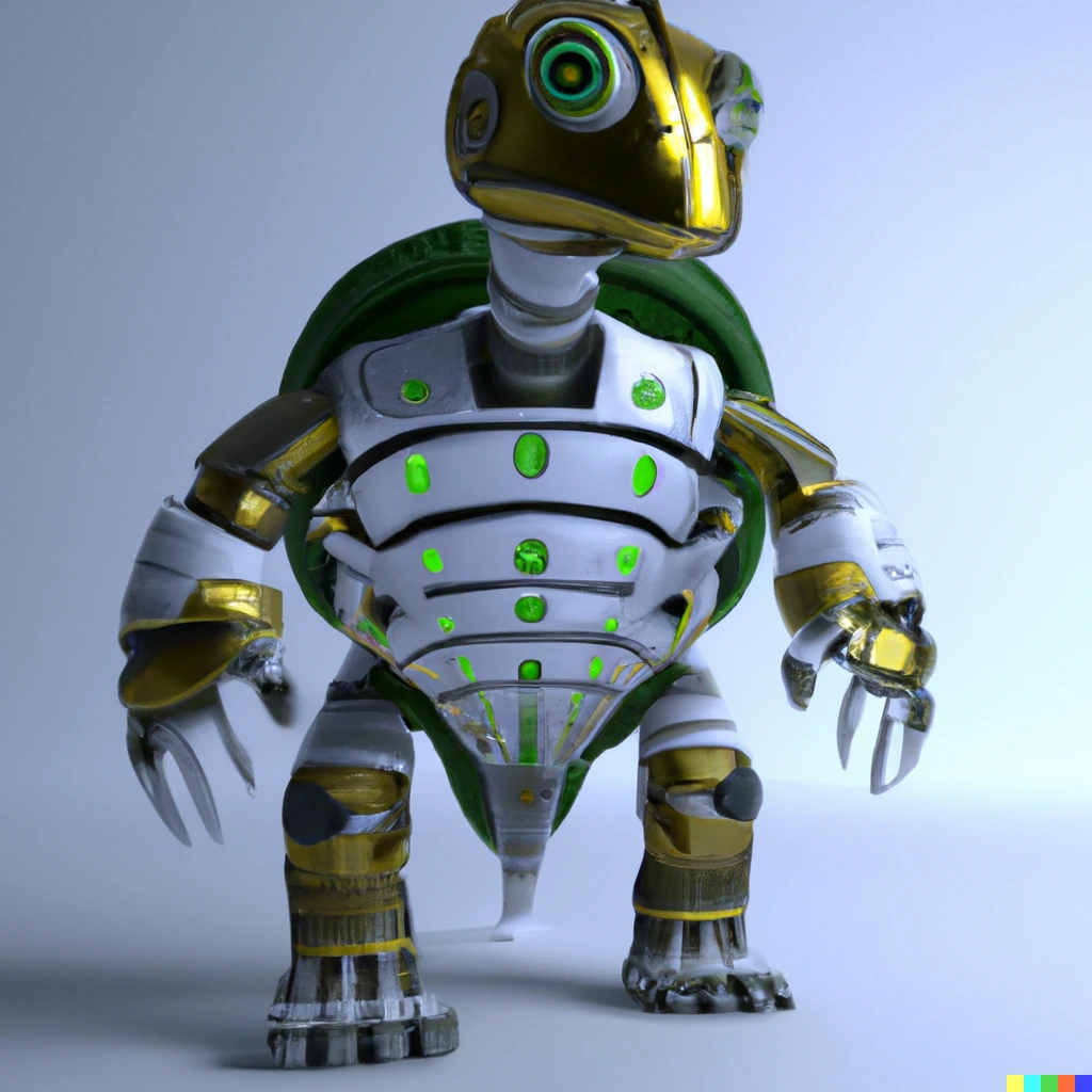 Prompt: A picture of a robotic turtle dressed like Ramses II, pharaoh of Egipt, 3d render