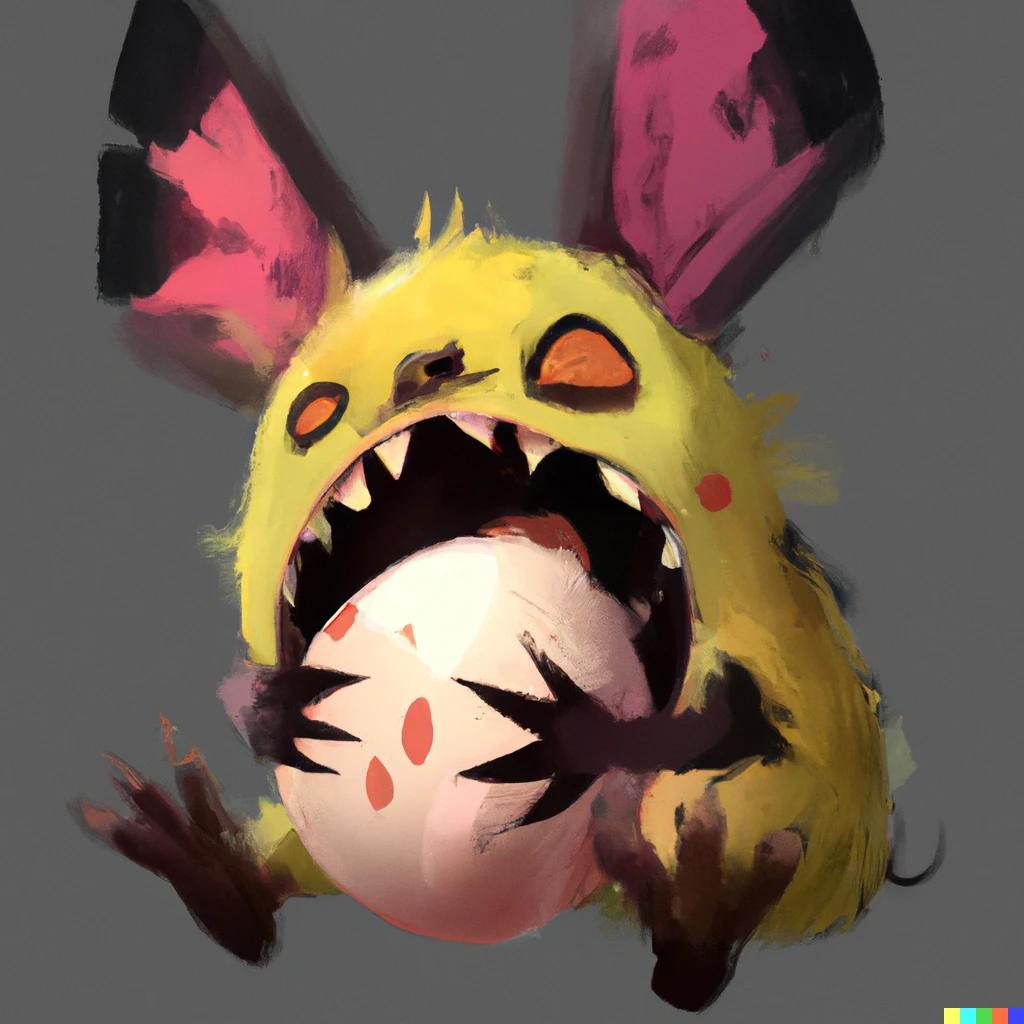 Prompt: Monster pikachu eating an egg, digital art