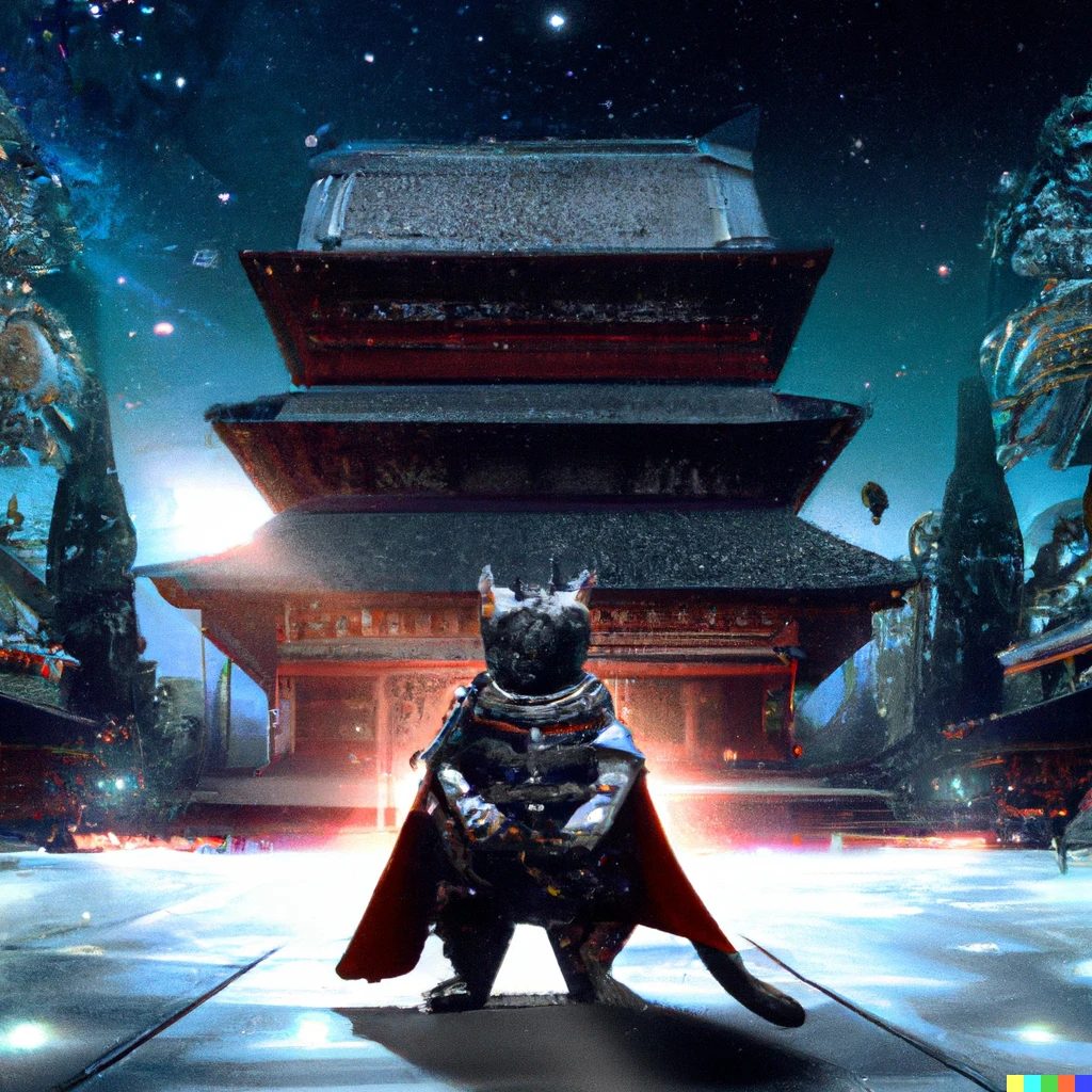 Prompt: Photo of a samurai warrior who is a cat in front of a Japanese temple in space