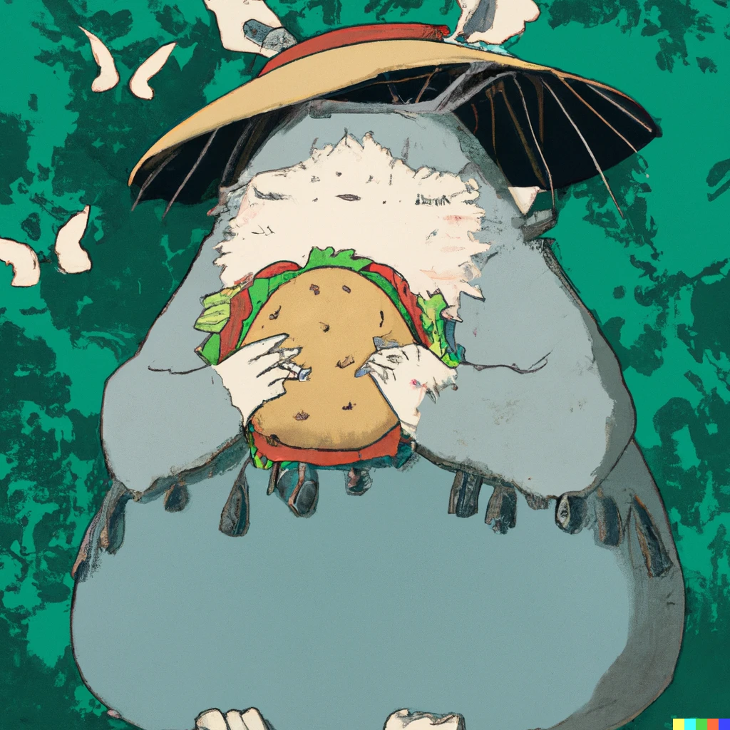 Prompt: Totoro eating a hamburger in pre-raphaelite style