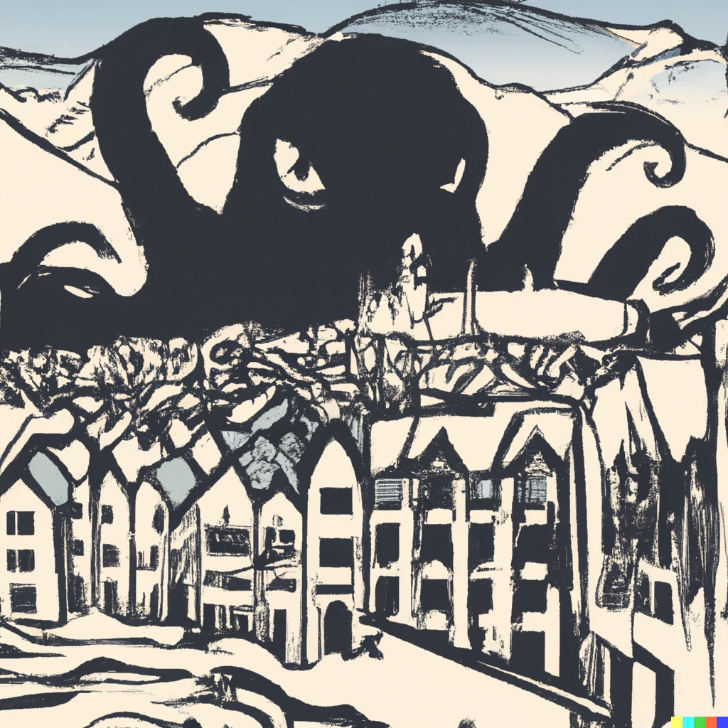 Prompt: seaside town attacked by Cthulu monster Lovecraft horror