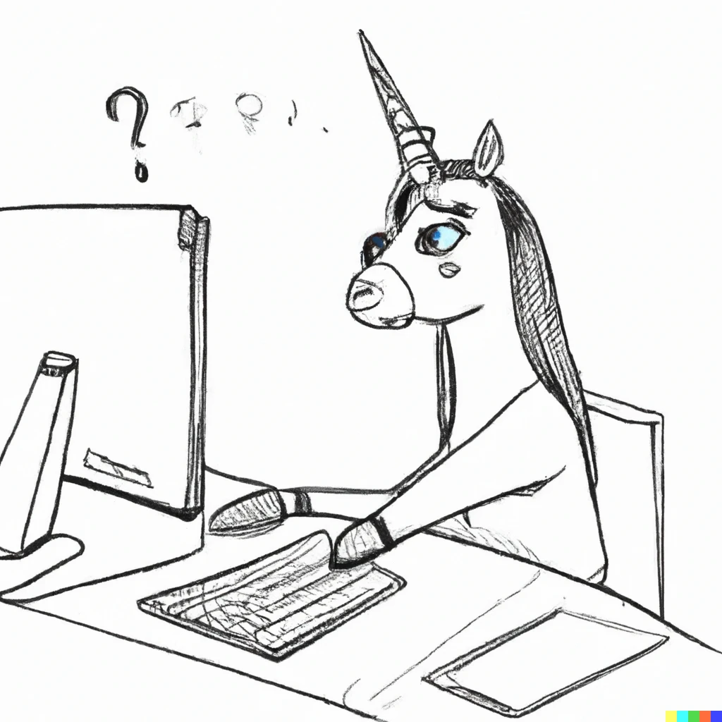 Prompt: a confused unicorn using a computer for the first time pencil drawing