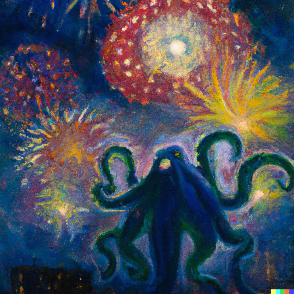 Prompt: Oil painting of Cthulu at a July 4th celebration. Behind him are fireworks.