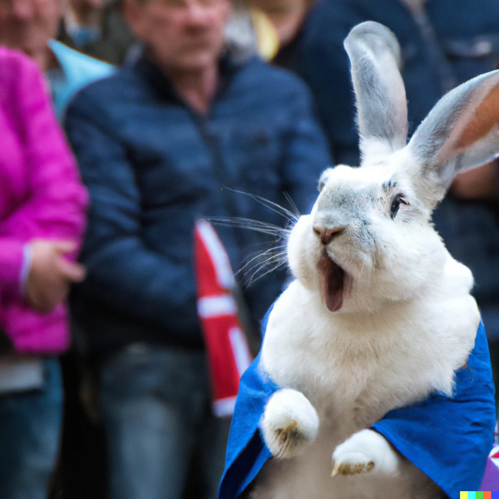 Prompt: A photo of an angry rabbit giving a speech to Dutch tourists at a carnival 