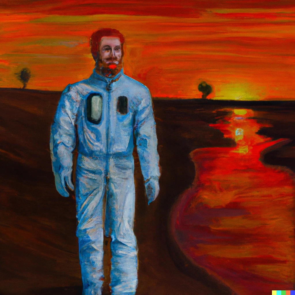 Prompt: in oil, astronaut walking in the sand with the sunset of Mars in van gogh style