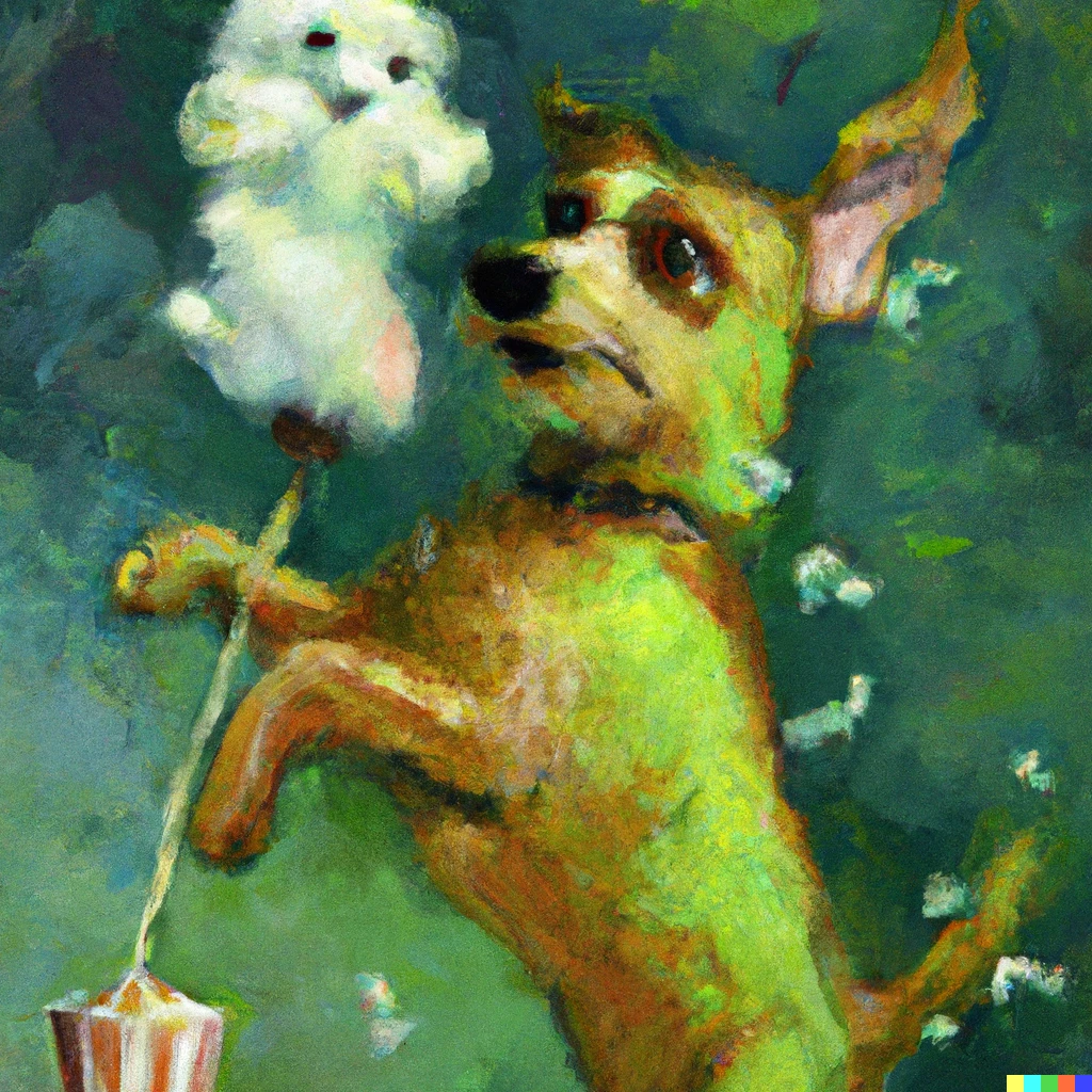 Prompt: A dog on a pogo stick eating popcorn being chased by a green ghost as an  oil painting