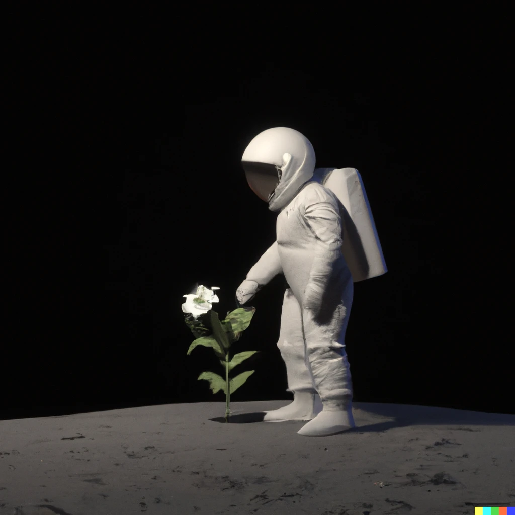 Prompt: an astronaut planting flowers on the moon 3d rendered style