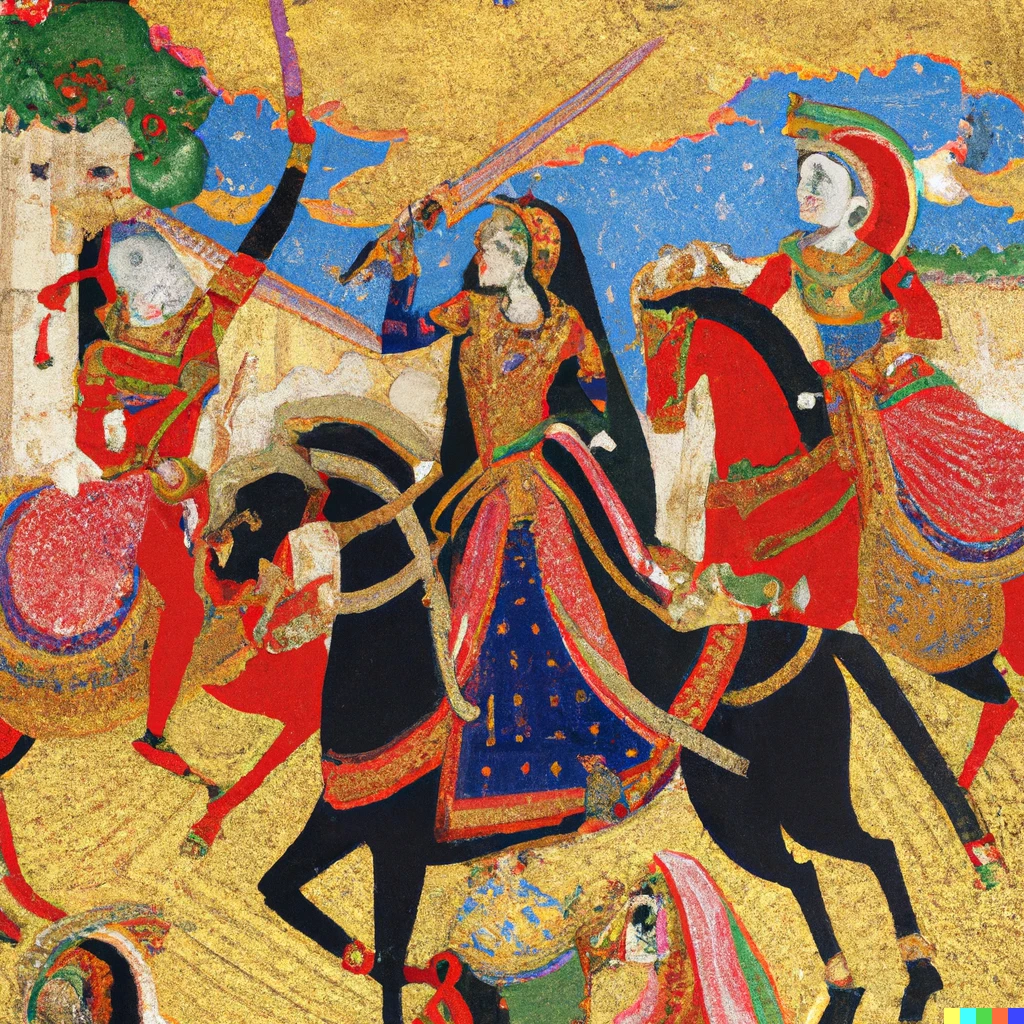 Prompt: Mughal era painting of a queen in battle