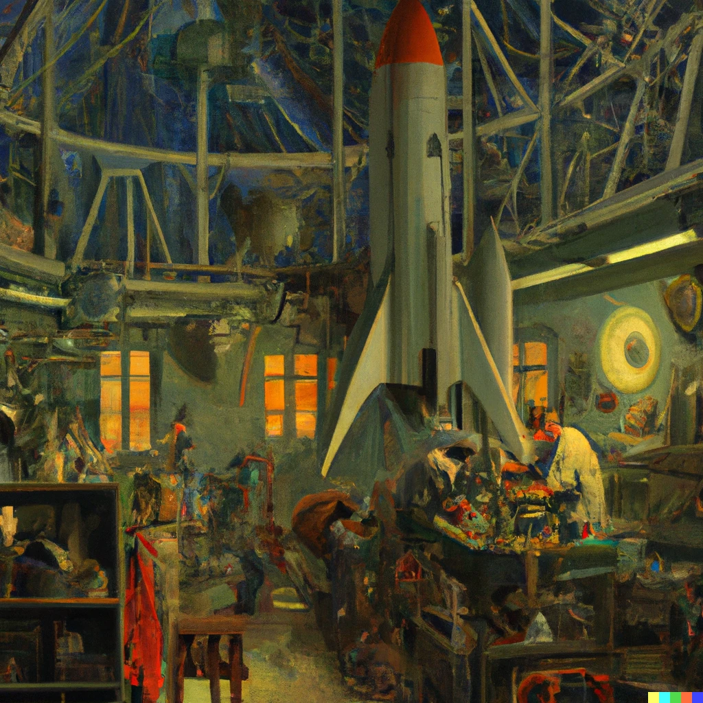 Prompt: A spaceship repair shop as an oil painting by Norman Rockwell. 