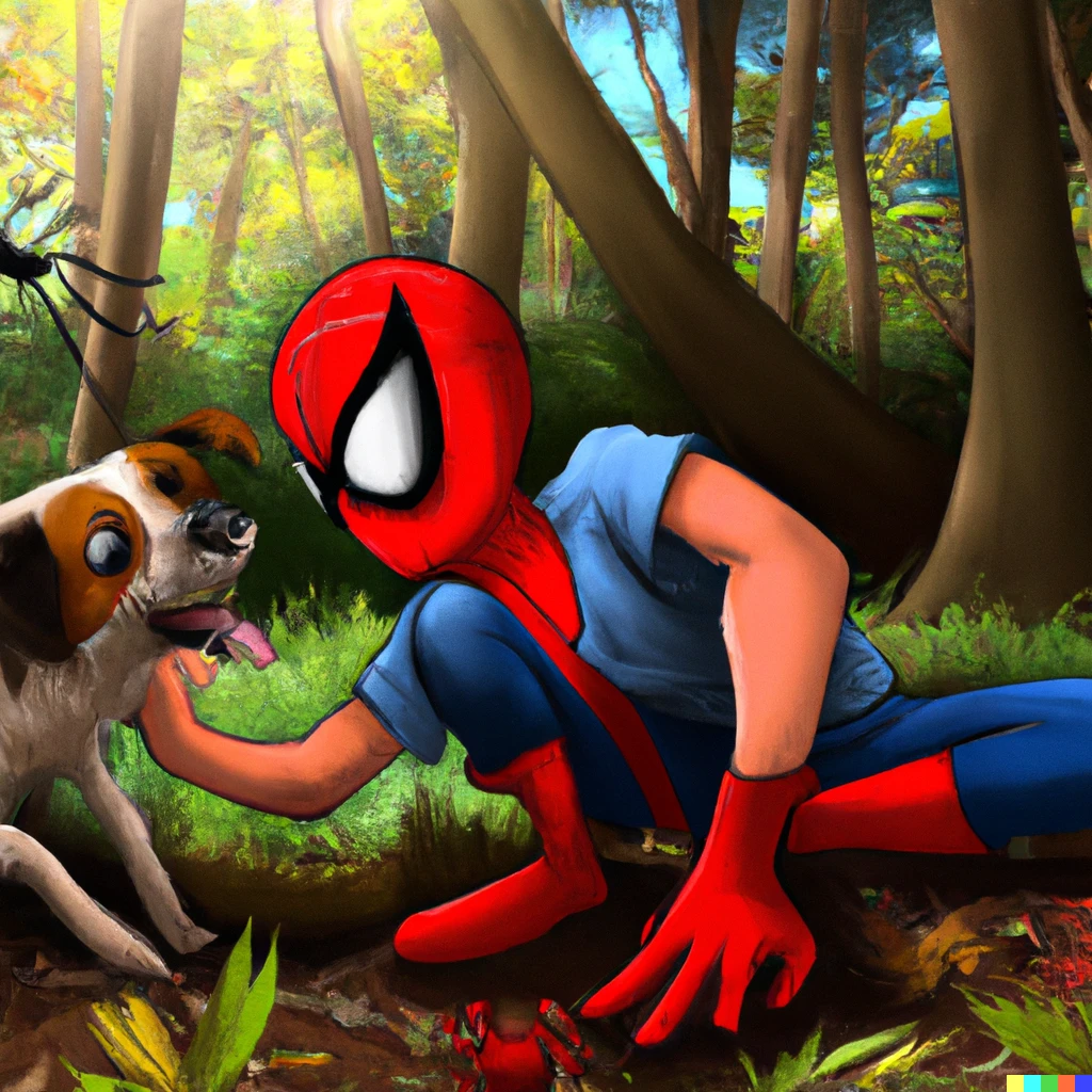Prompt: an realistic image of spiderman petting a dog in a forest