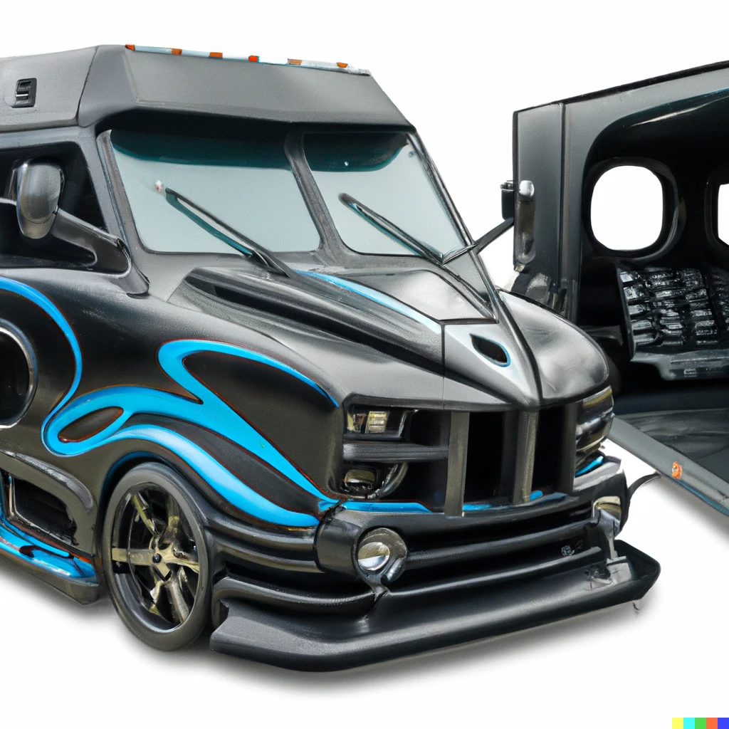 Prompt: realistic professional panoramic photograph of a expensive and  dangerous looking high tech futuristic  hotrod custom C-cab van a prototype worth $20 million dollars and painted  with a black racing stripe