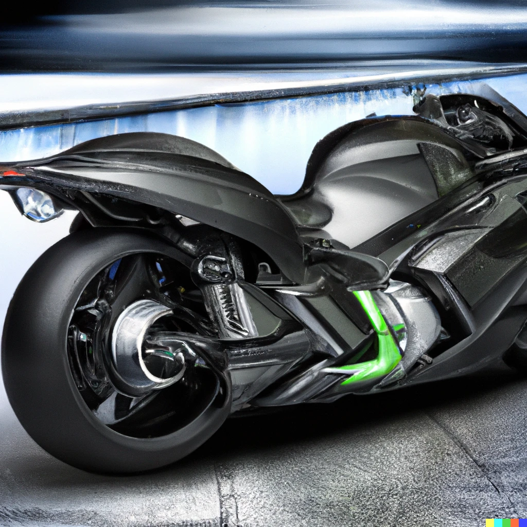 Prompt: realistic professional panoramic photograph of a expensive and  dangerous looking high tech futuristic motorcycle a prototype worth $20 million dollars and painted  with a black racing stripe