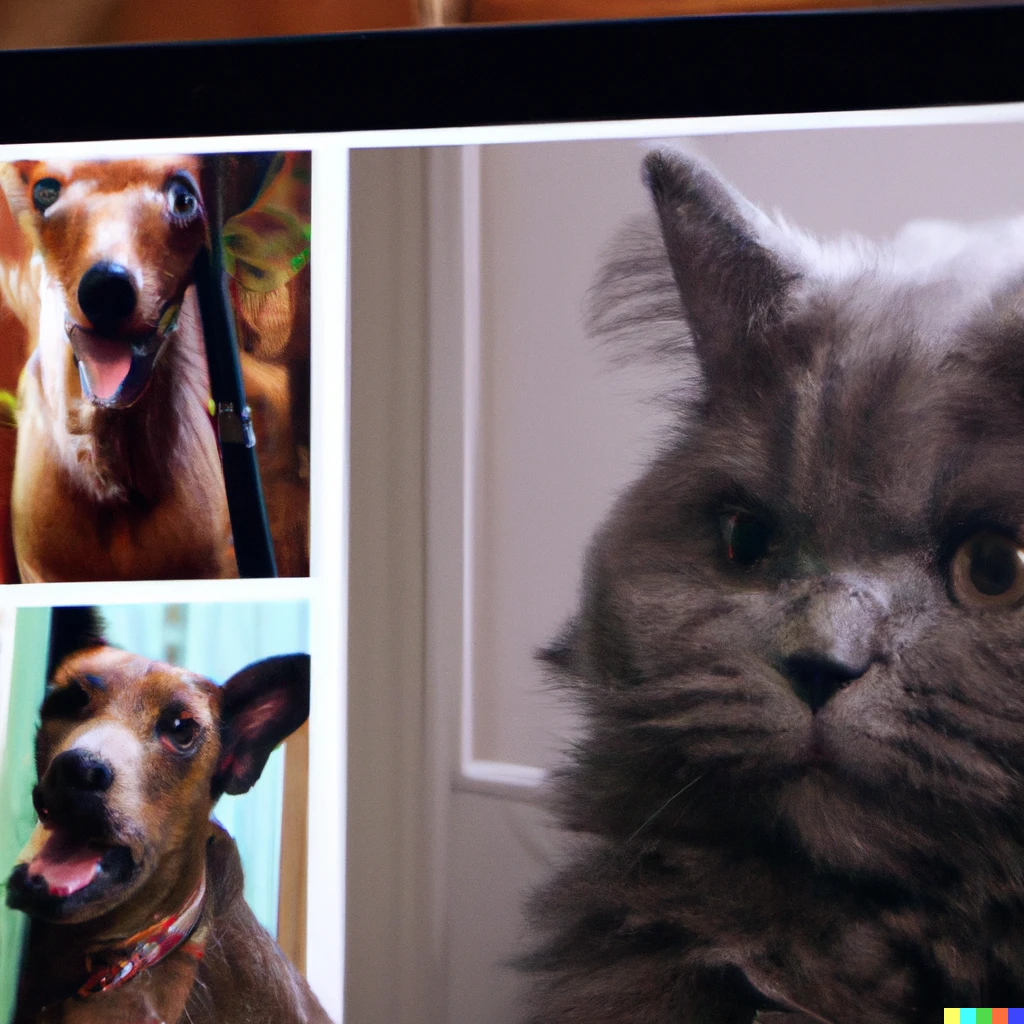 Prompt: A zoom video call between cats and dogs