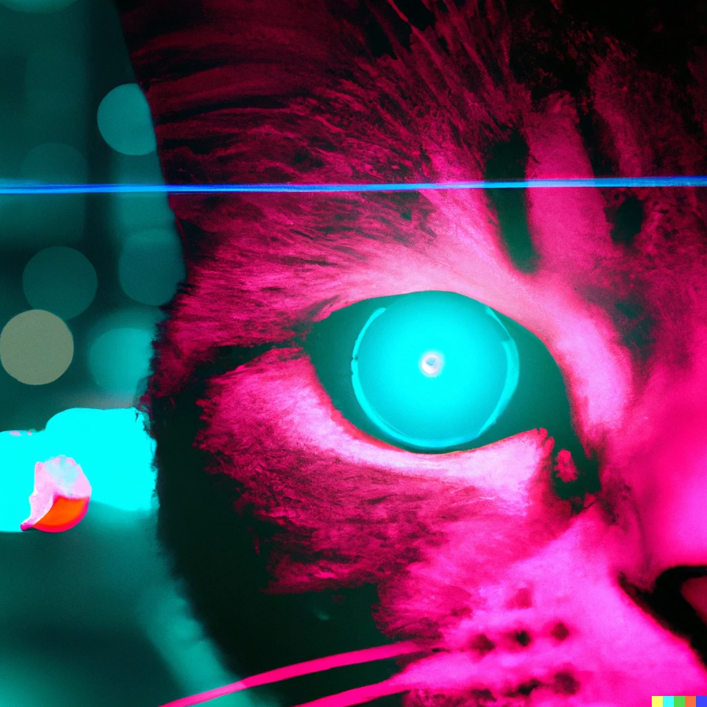 Prompt: Synthwave close up cat with a cybernetic eye and looking at you hong kong neon background