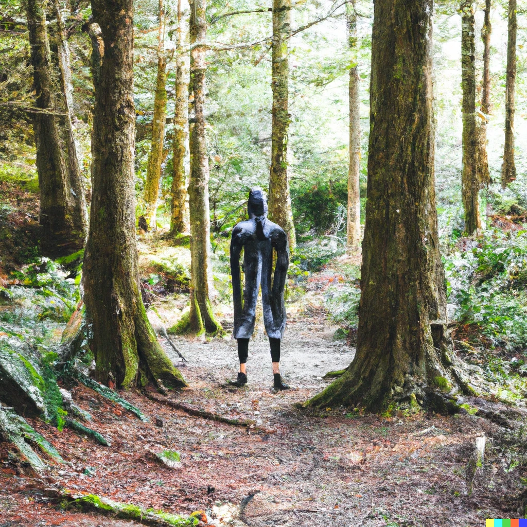 Prompt: a photograph of a wetsuit walking through the forest 