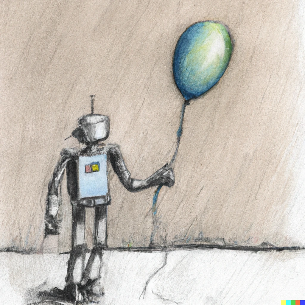 Prompt: abstract pencil and watercolor art of a lonely robot holding a balloon