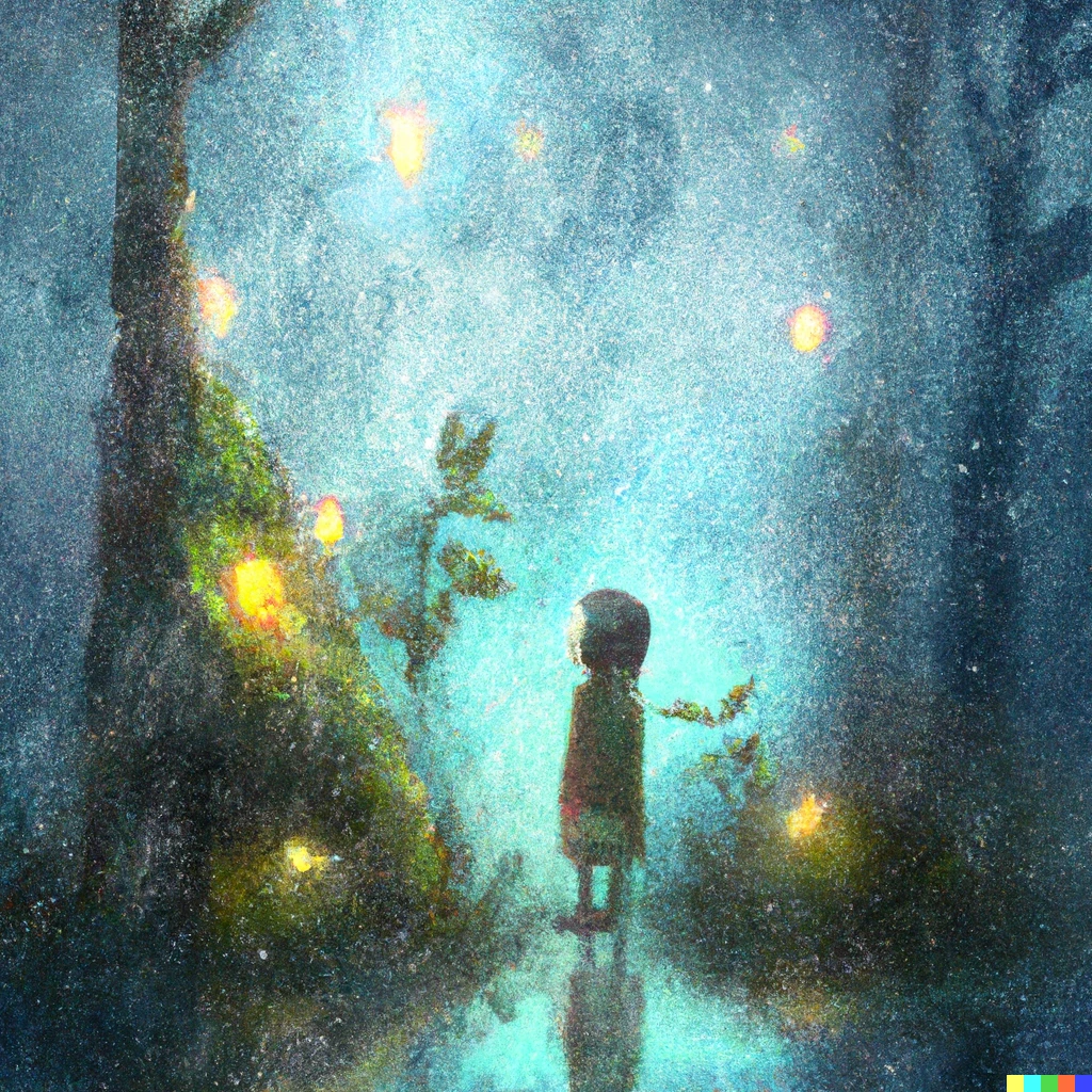 Prompt: little person in a magical forest and it's raining
