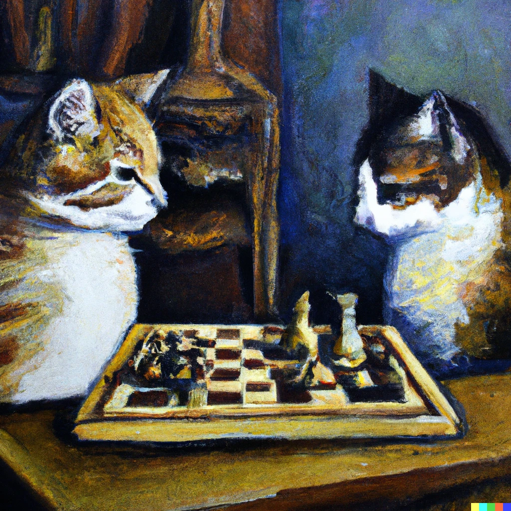 Prompt: Oil painting of two cats playing chess