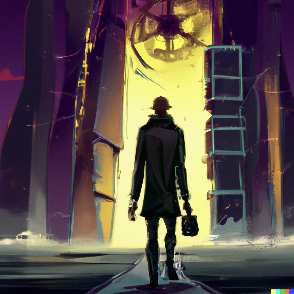 Prompt: A digital art of a time travller standing in front of a distopian future city background 