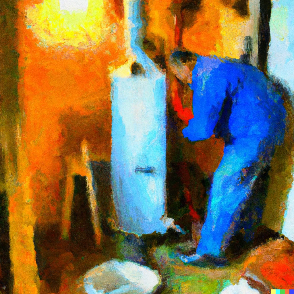 Prompt: An impressionist painting of a man installing a water heater in a basement 