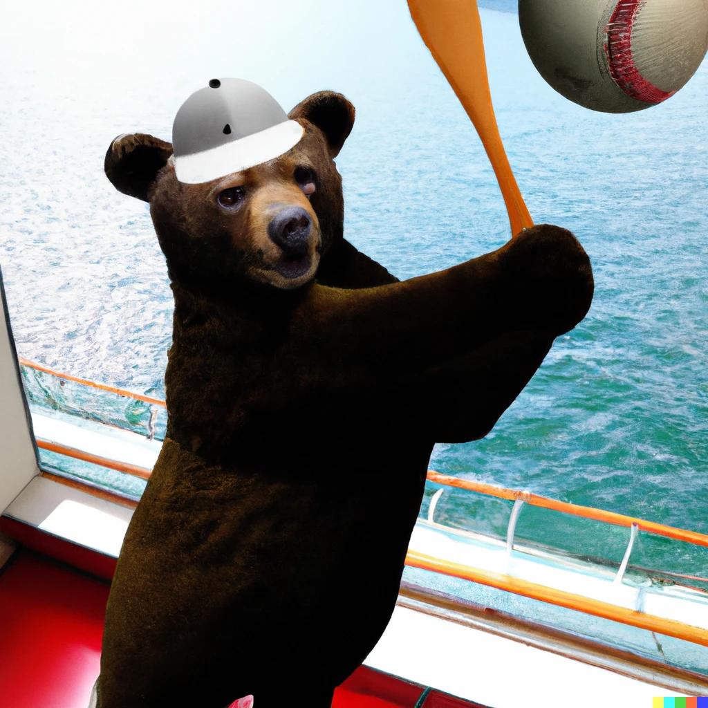 Prompt: A 3-D photo of a grazzly bear playing baseball on a cruise ship