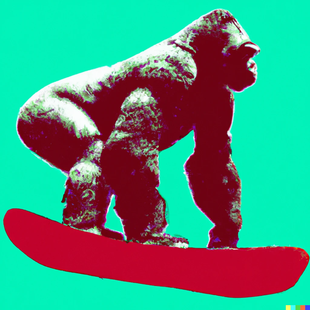 Prompt: A painting of a silverback gorilla riding on a snowboard in the style of Andy Warhol 