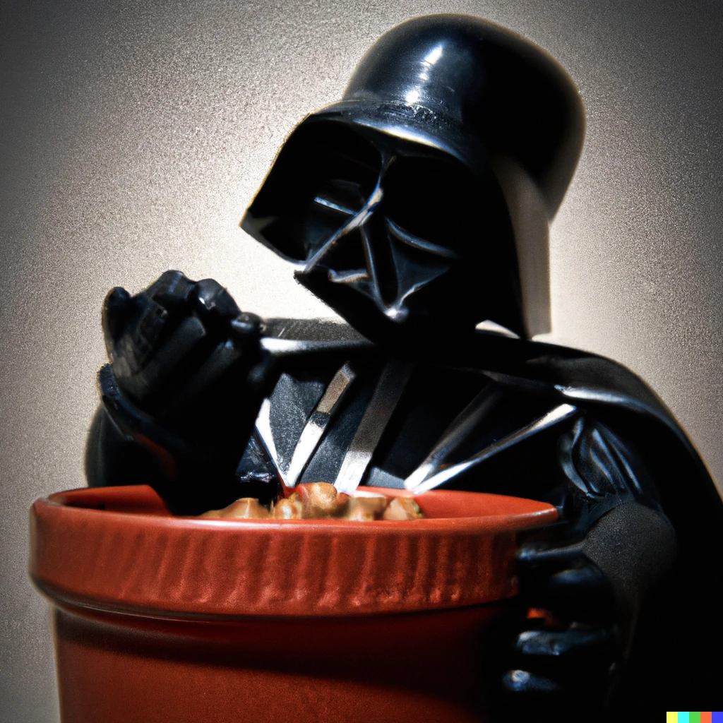 Prompt: Darth Vader eating baked beans out of a plant pot in a photorealistic style