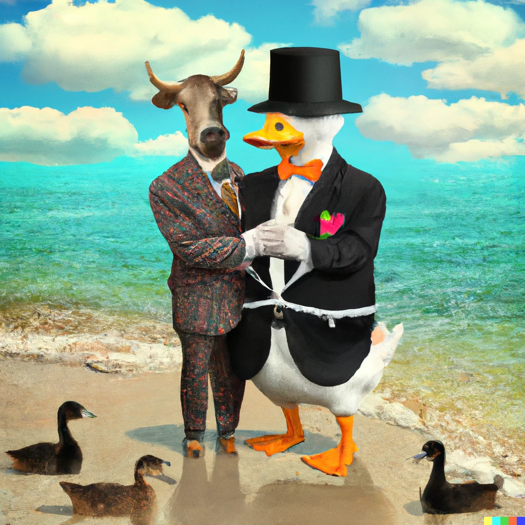 Prompt: A Swiss cow in a suit hugging a duck at the beach.