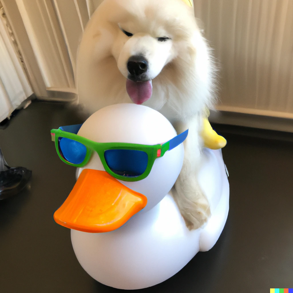Prompt: A photo of a Samoyed riding on a cute duck. The duck has sunglasses on.