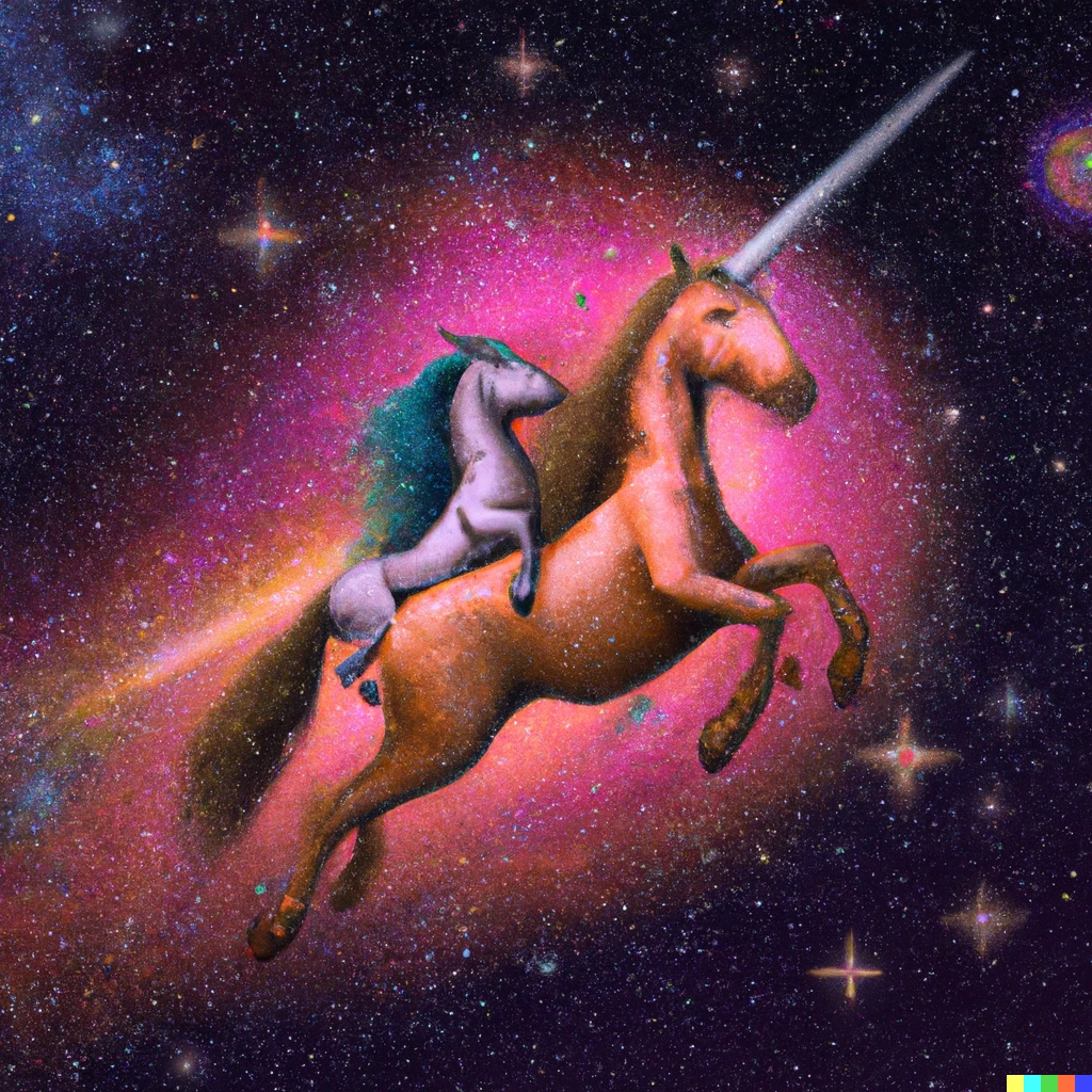 Prompt: a unicorn riding another unicorn in a galaxy far away