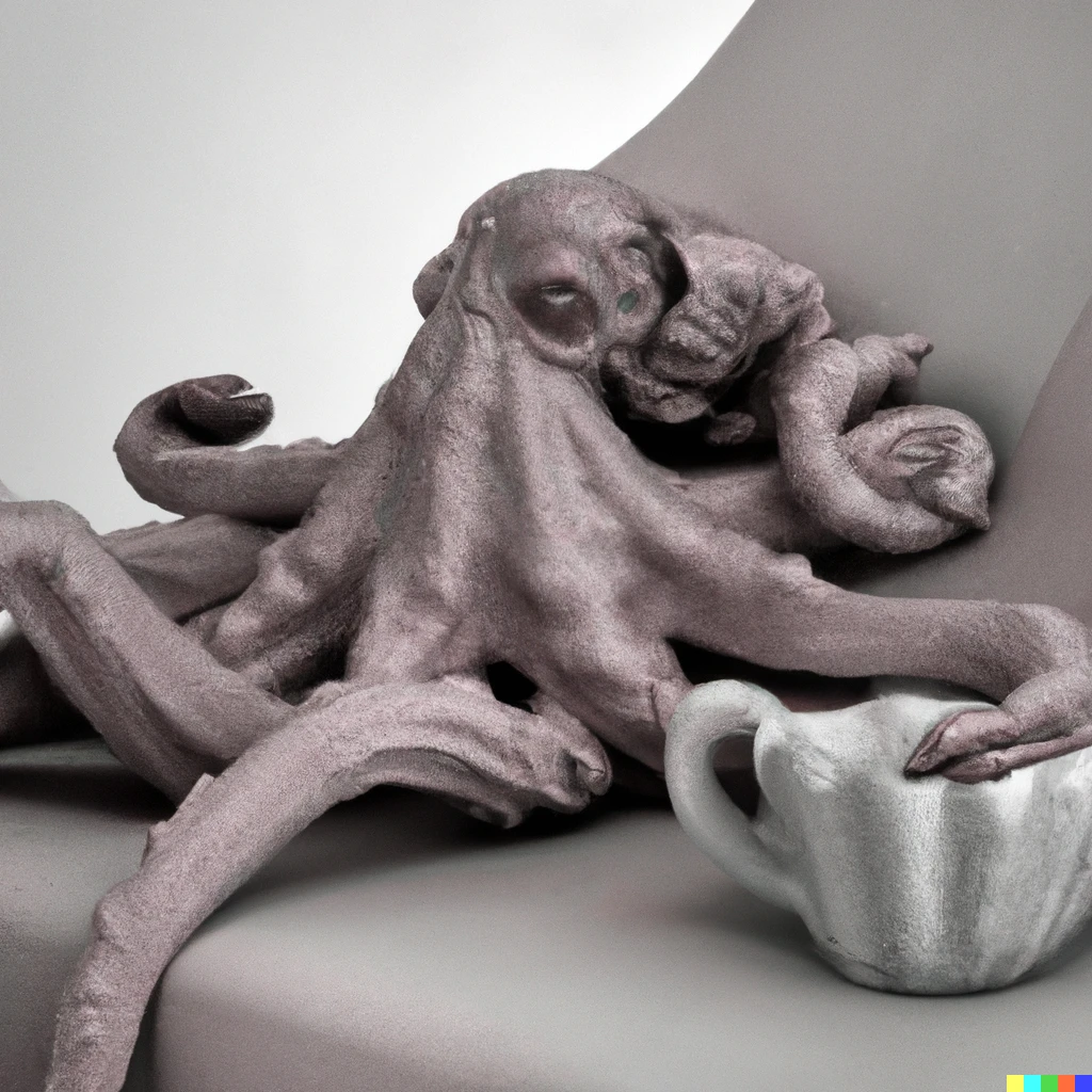 Prompt: a marble sculpture in the style of michaelangelo of an octopus lying on a chaise longue with a cup of tea | 691