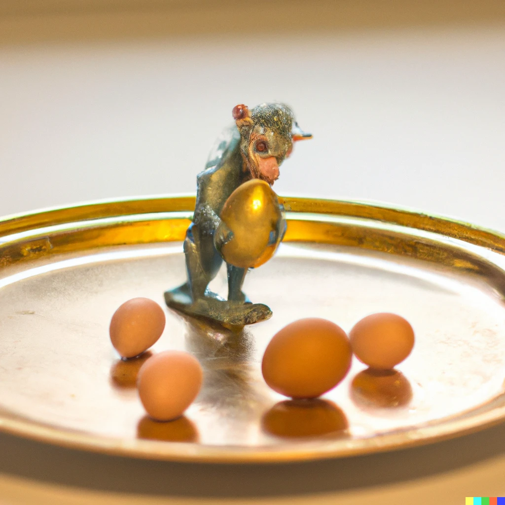 Prompt: A kitchen with beautiful troll laying eggs in a golden plate