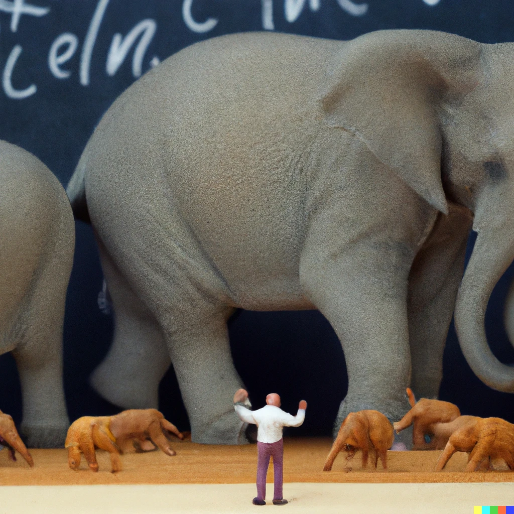 Prompt: miniature blonde man talking about physics to an audience of giant sized elephants