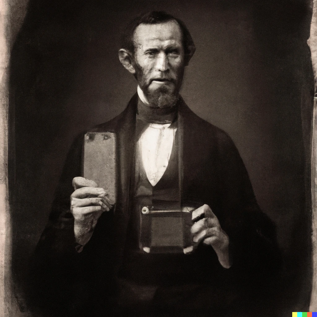 Prompt: Abraham Lincoln holding an iphone, daguerreotype