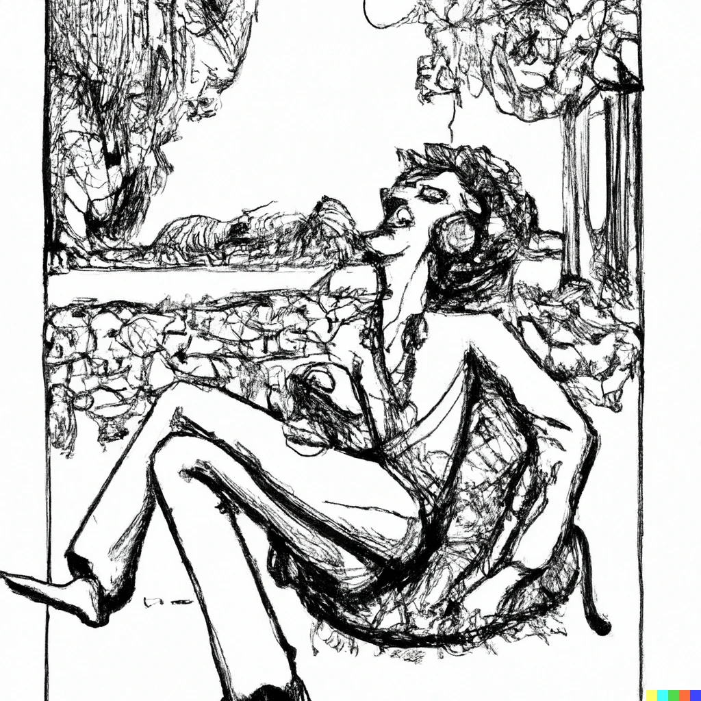 Prompt: An art nouveau drawing of an adult sitting in the park laughing and wearing headphones