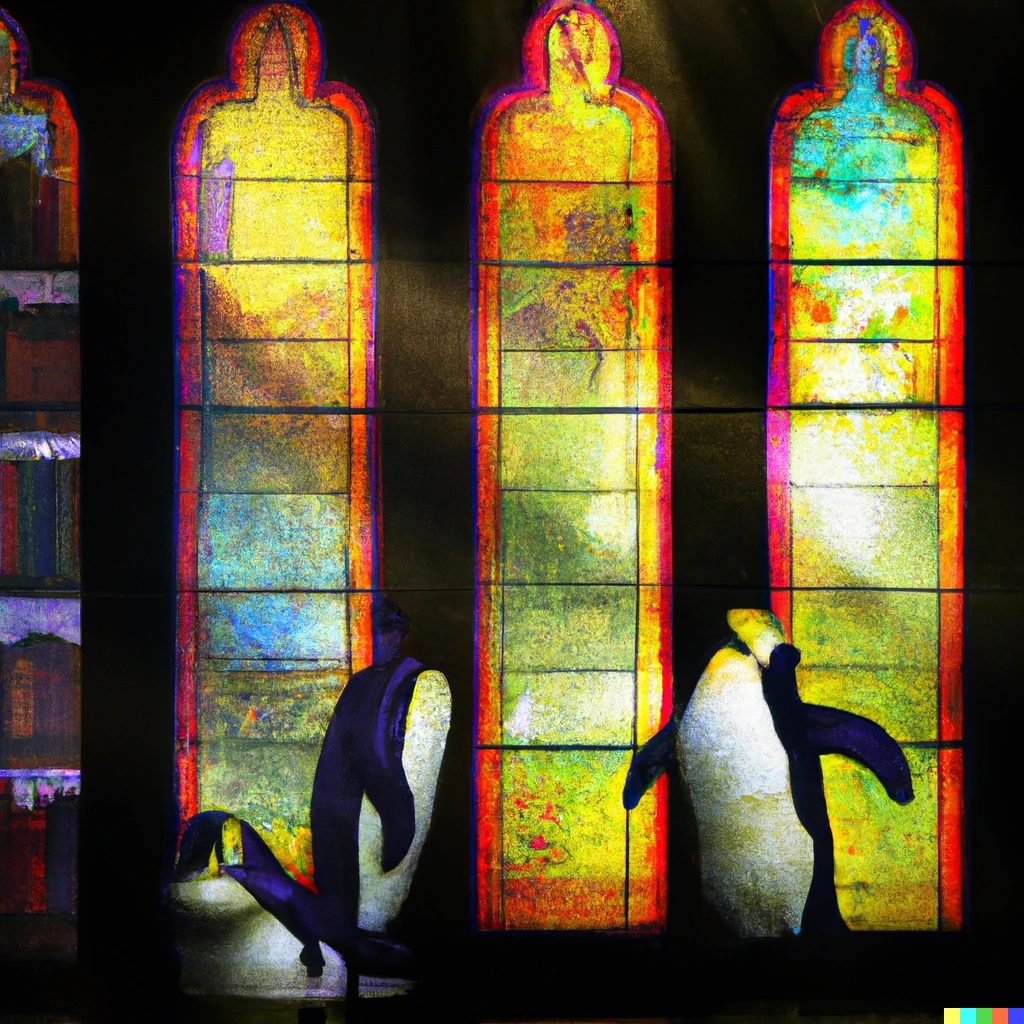 Prompt: Penguins in a fancy Renaissance library with light coming through stained glass windows in the style of by Joseph Turner