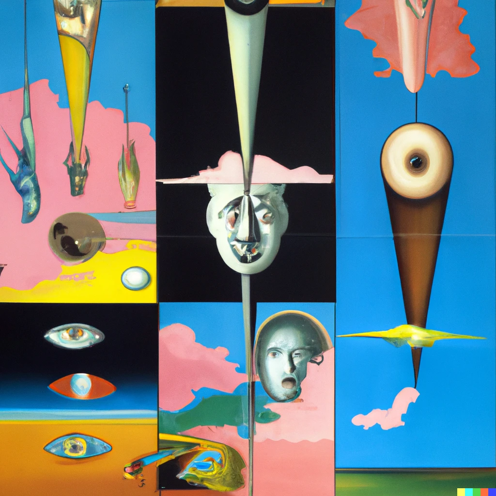 Prompt: Salvador Dali painting of various pink Floyd album covers