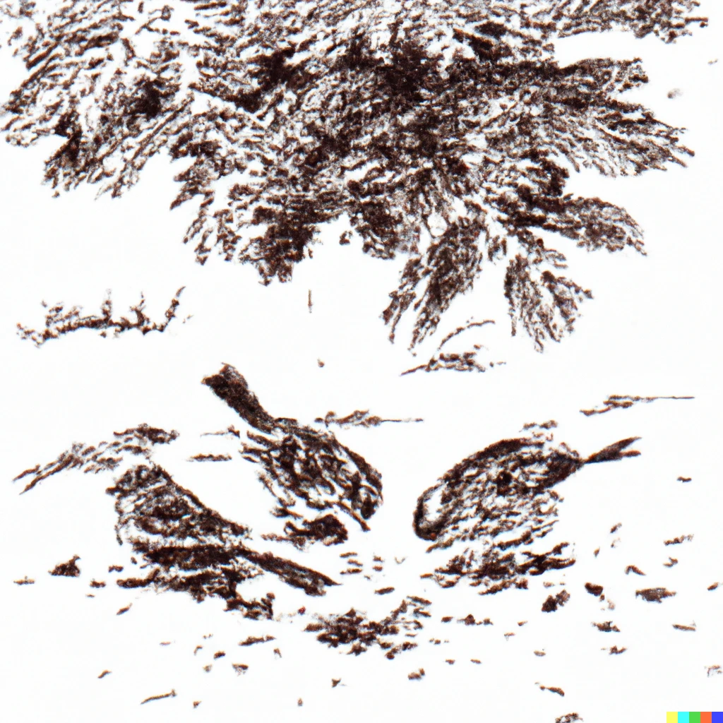 Prompt: Sparrows washing themselves in dust under a conifer tree hand drawn