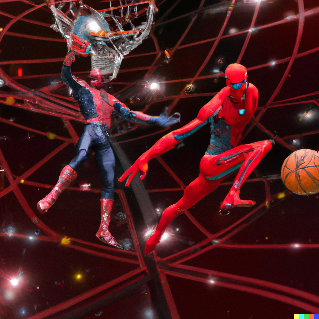 Prompt: Spiderman and Iron man play basketball in the multiverse space.