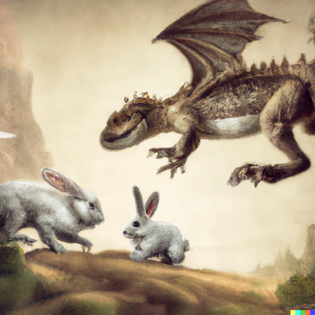 Prompt: Two rabbits running away from a large dragon, fantasy, concept art