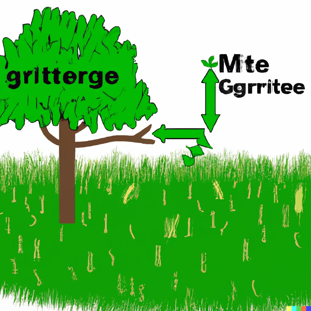 Prompt: Commit tree of a git repository with a merge commit, growing in a grass field