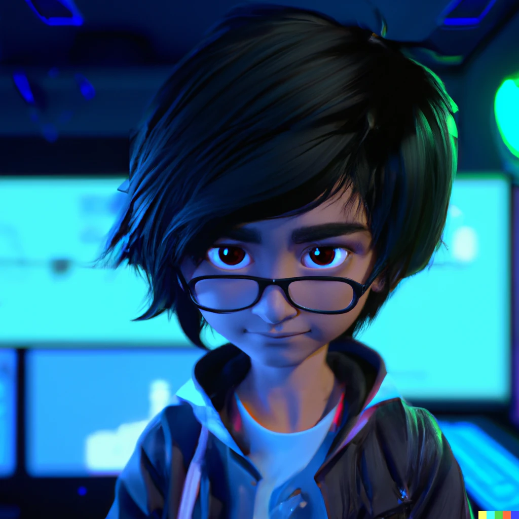 Prompt: cute anime hacker with screens behind him. fluorescent blue lights. screenshot from a pixar movie, very very beautiful, 8k. fluorescent blue lights. 