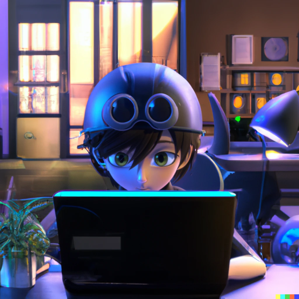 Prompt: cute anime hacker sitting behind a laptop, brown hair. in the background is a cyber cafe. screenshot from a pixar movie, very very beautiful, 8k. well lit.