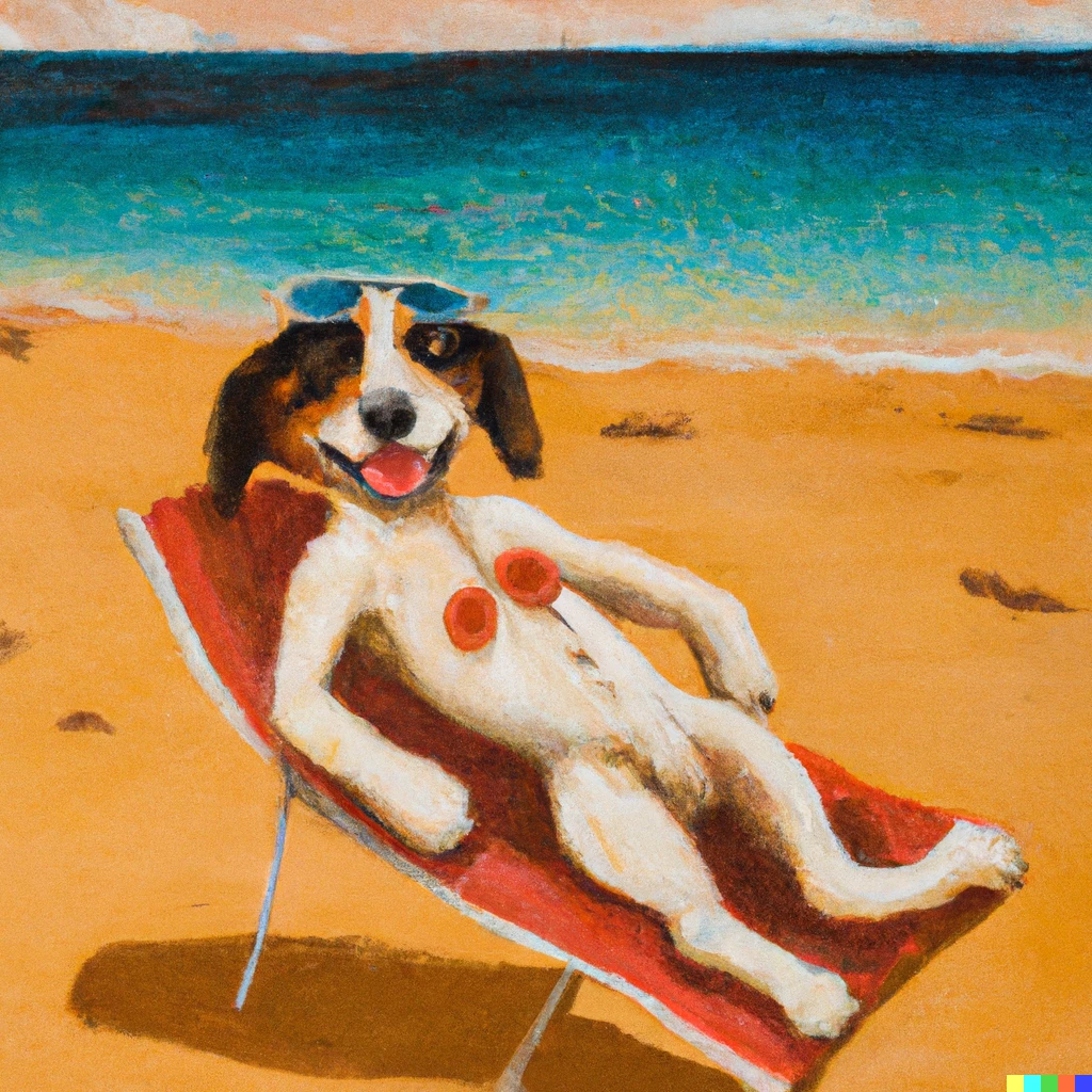 Prompt: An oilpainting of a dog wearing a bikini sun bathing a the beach