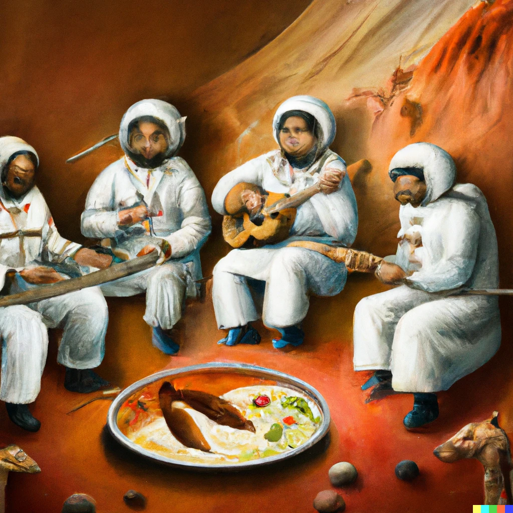 Prompt: astronauts playing santoor and eating kebab on mars in style of persian miniature