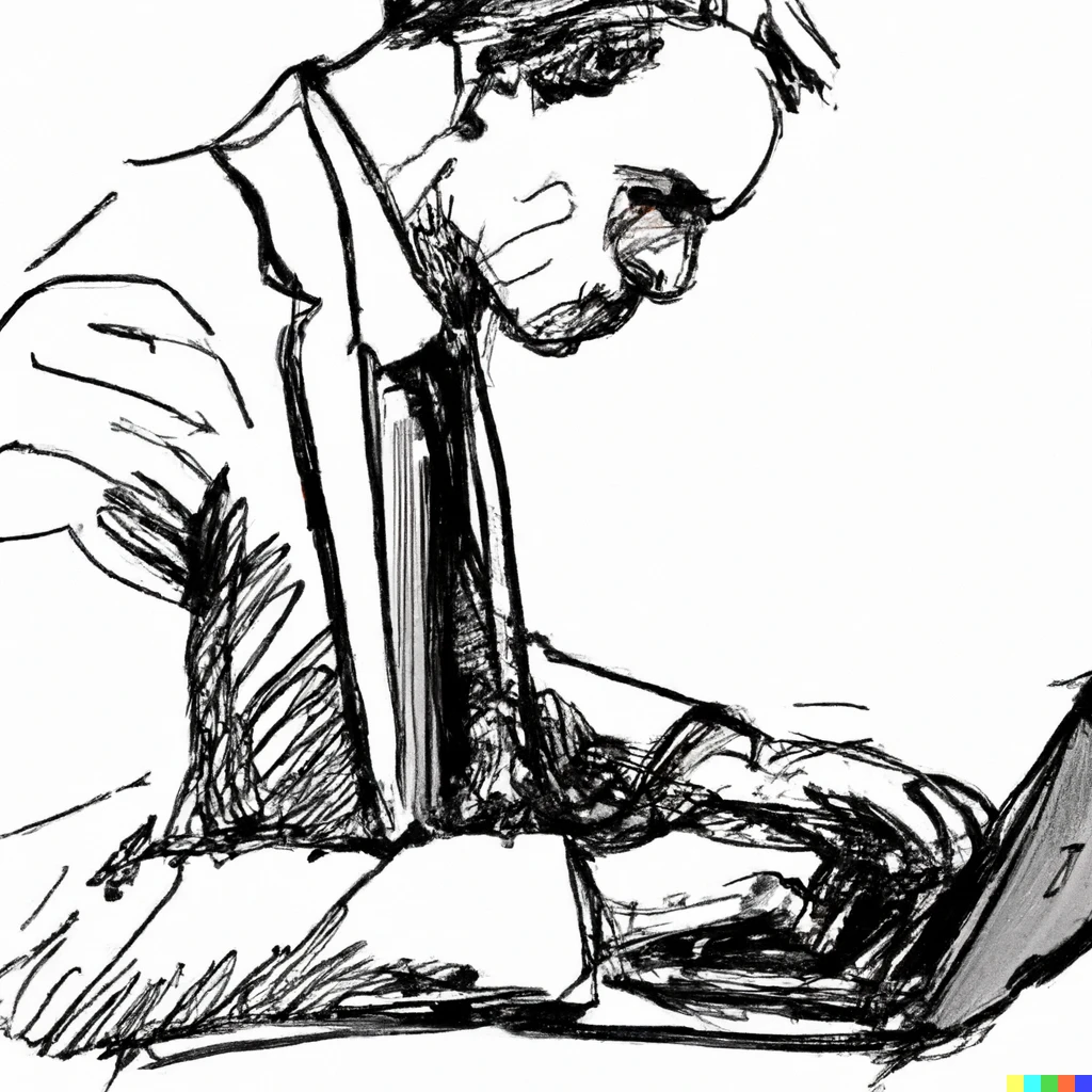 Prompt: detailed hand-drawn sketch of a businessman working on a laptop