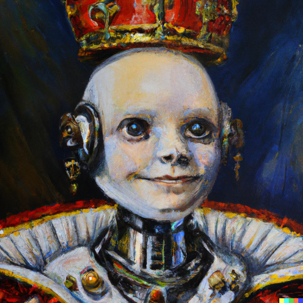 Prompt: royal portrait of a humanoid robot with a Victorian-style crown, oil painting
